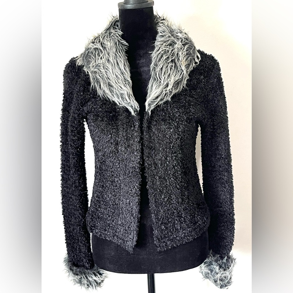 Vintage Catalyst New York Black Gray Faux Fur Trim Cardigan Sweater Women Size S